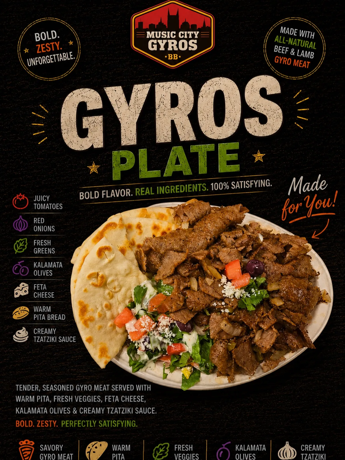 Gyros plate with rice, salad, and pita