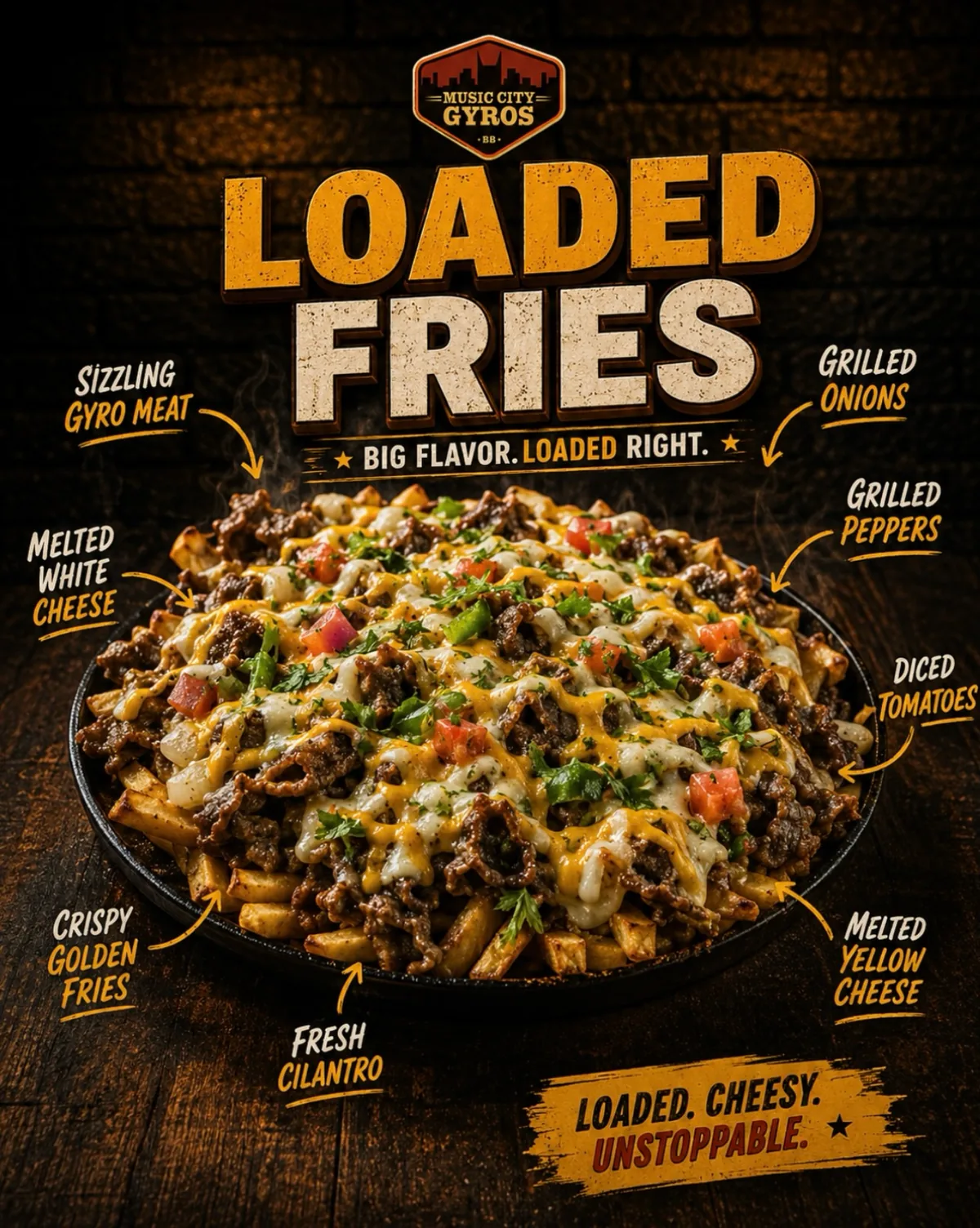 Loaded fries topped with meat and sauces