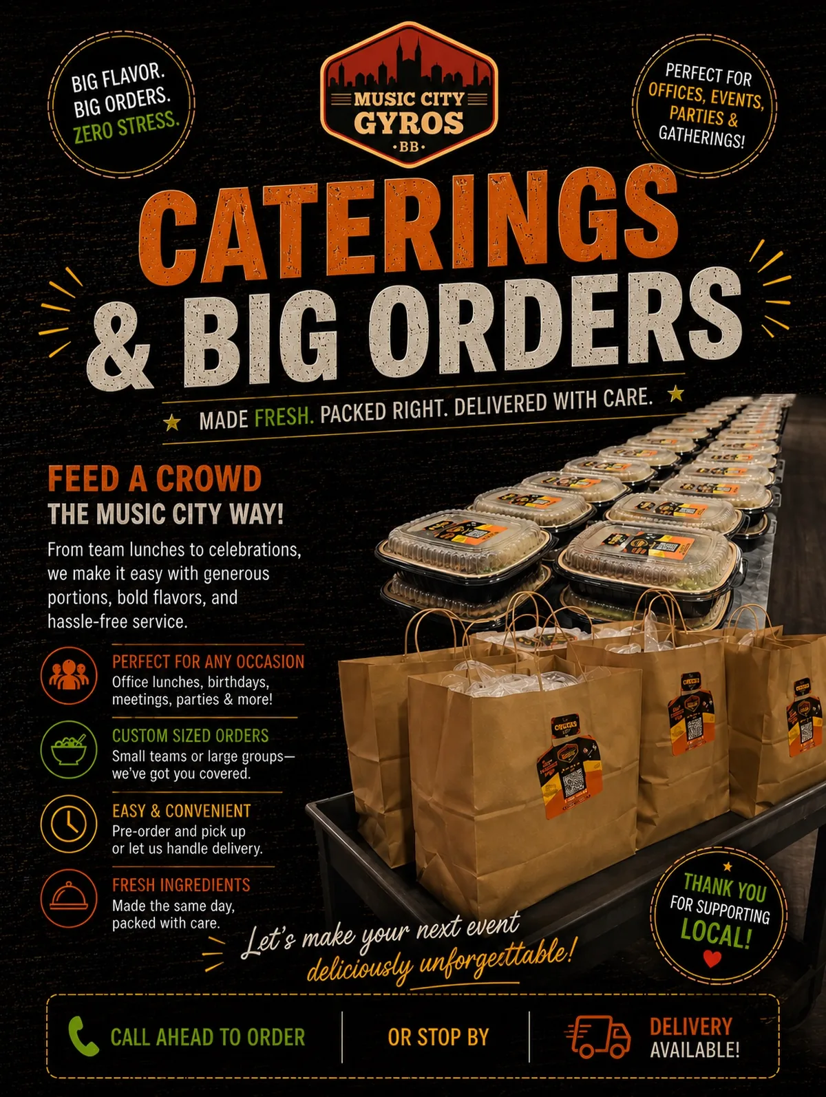 Catering spread prepared for a large order